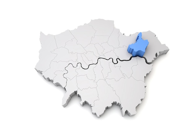 Greater london map showing barking and dagenham borough in blue d rendering