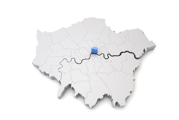青いdレンダリングでロンドンの街を示すグレーターロンドンの地図