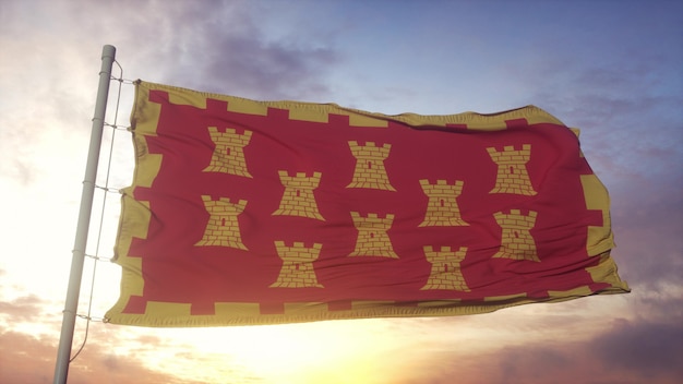 Greater Manchester flag, England, waving in the wind, sky and sun background. 3d rendering.