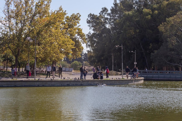 그리스 아테네 10282021화창한 가을날 안토니스 트리시스 공원의 연못 근처를 걷는 사람들의 전망