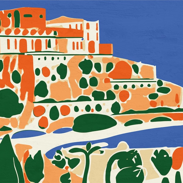 Greece Colorful Illustration Painted Architecture of Greece Athens Travel Art