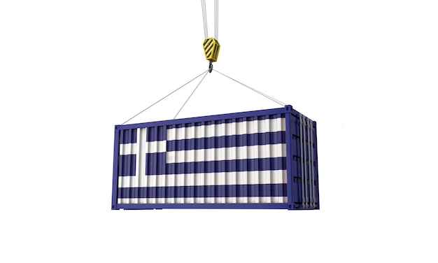 Greece flag cargo trade container hanging from a crane d render