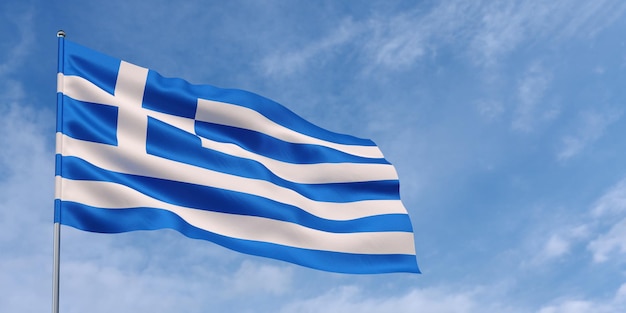 Greece flag on flagpole on blue sky background Greek flag waving in the wind on a background of sky with clouds Place for text 3d illustration