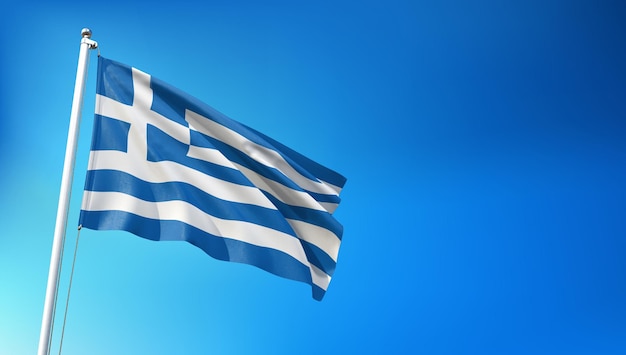 Greece Flag Flying on Blue Sky Background 3D Render