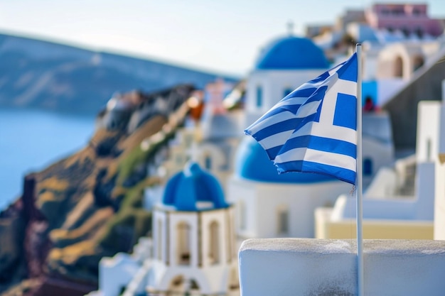 Греция отмечает День независимости Санторини и национальный флаг в голубом небе