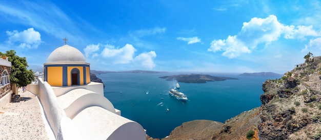 Greece islands scenic panoramic sea views of santorini island from top outlook of fira village