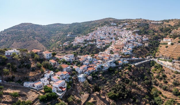 Greece Kea island Aerial drone view panorama of Ioulis chora
