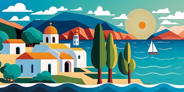 그리스 풍경 평면 디자인 일러스트 전통적인 전통적인 그리스 색상
