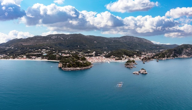 Greece Parga coast Aerial drone view of city the Castle and Panagia island