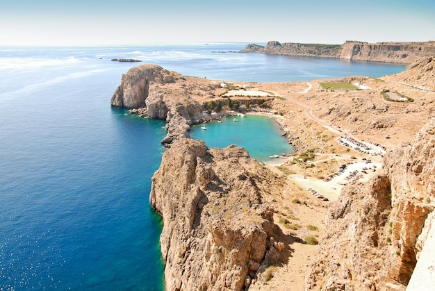 Greece, Rhodes Island, Lindos town, view from the acropolis of St.Pauls bay