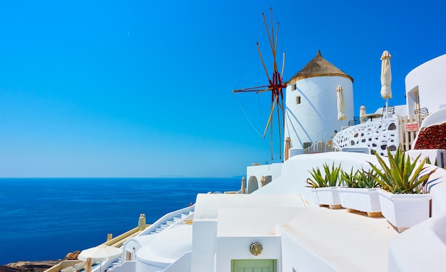 Greece, Santorini island. Greek landscape with old windmill in Oia village