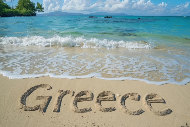 해변에 모래에 쓰여진 그리스 그리스 관광과 휴가 배경