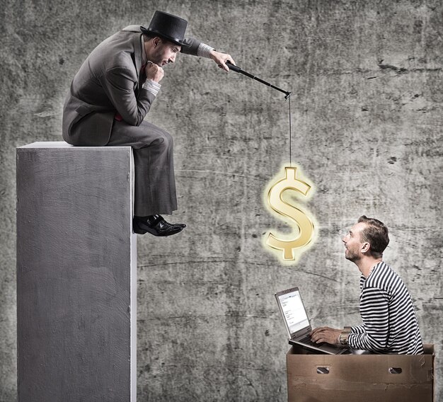 Photo a greedy businessman motivates office workers with a salary office slavery concept