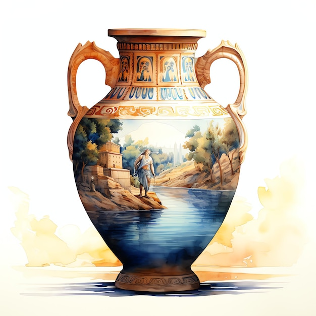 Greek amphora vase adorned with scenes of mythology or daily life illustration