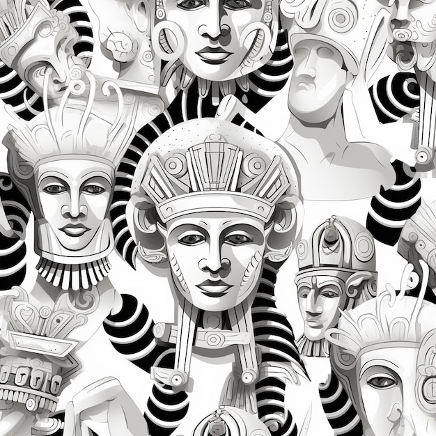 Greek ancient statues and surreal elements in trendy psychedelic style seamless black vector pattern