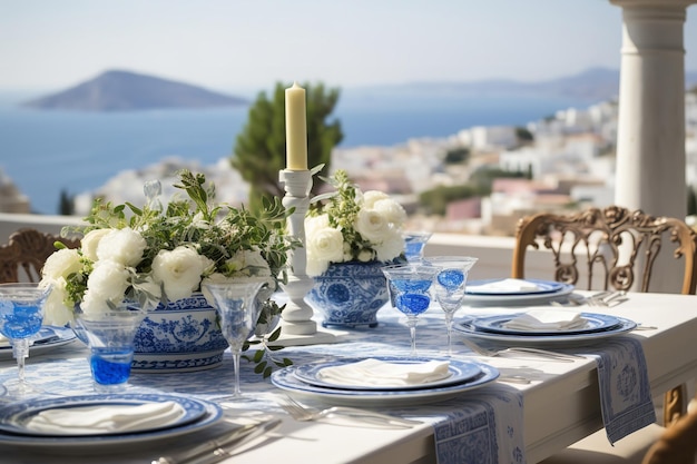 Photo greek blue and white table setting with mediterranean