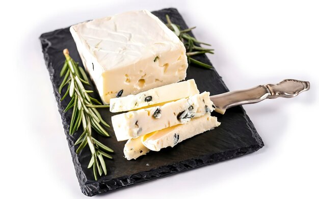 Greek cheese feta with rosemary and olives Isolated on white background