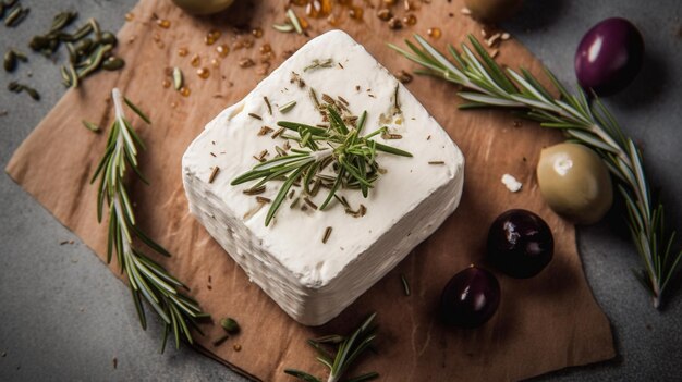 Greek cheese feta with thyme and olives