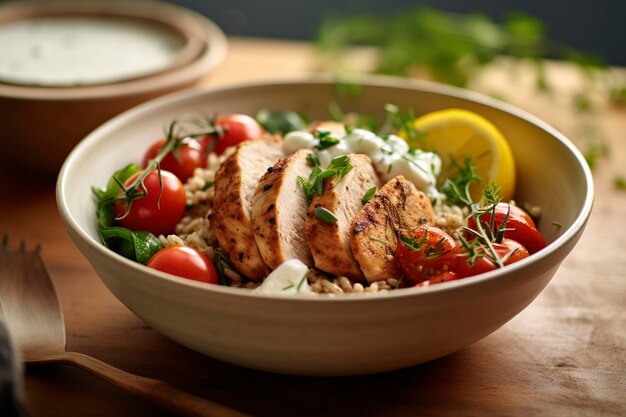 Photo greek chicken grain bowl is served