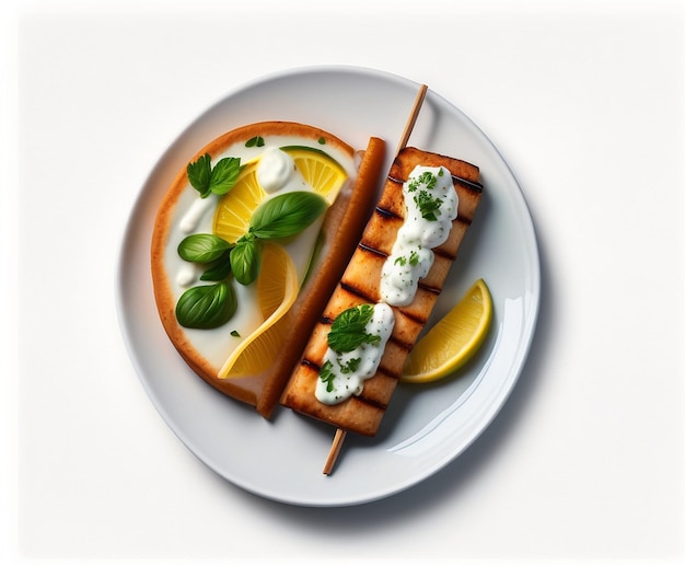 Greek chicken souvlaki ona pita with fresh vegetables with tzatziki sauce