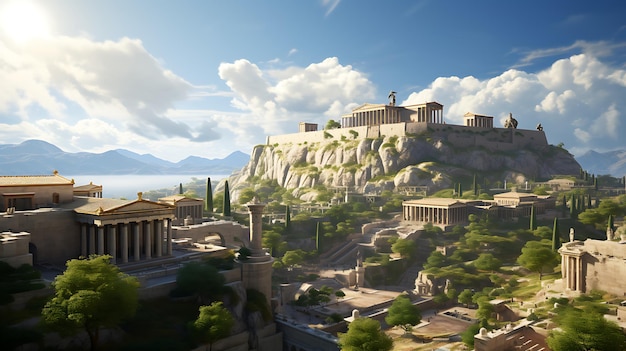 Foto una città greca con un antico tempio generativo ai