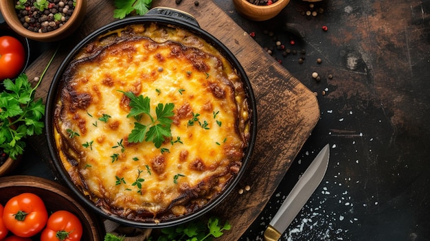 Greek Cuisine Moussaka extreme closeup top view