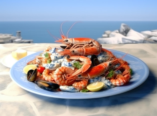 Greek cuisine plate with seafood and salad