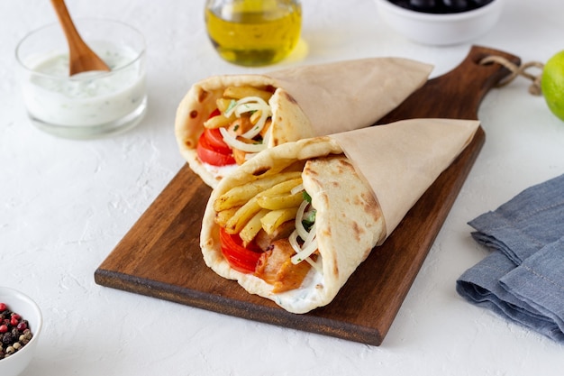 Гирос греческого блюда с курицей, картофелем фри, помидорами, луком и лавашем. Греческая кухня.