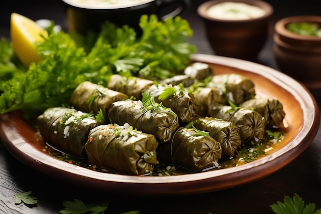 Greek Dolmades Stuffed Grape Leaves on a Platter