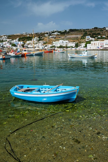 Greek fishing boat in port of Mykonos