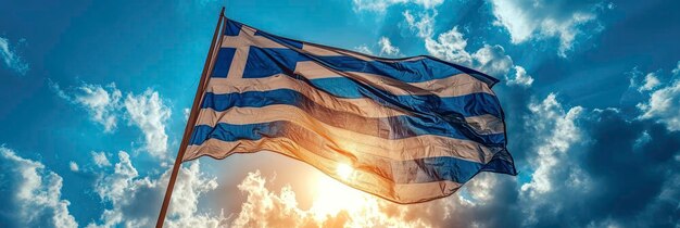 Рука греческого флага развевается на ветру на фоне баннера HD