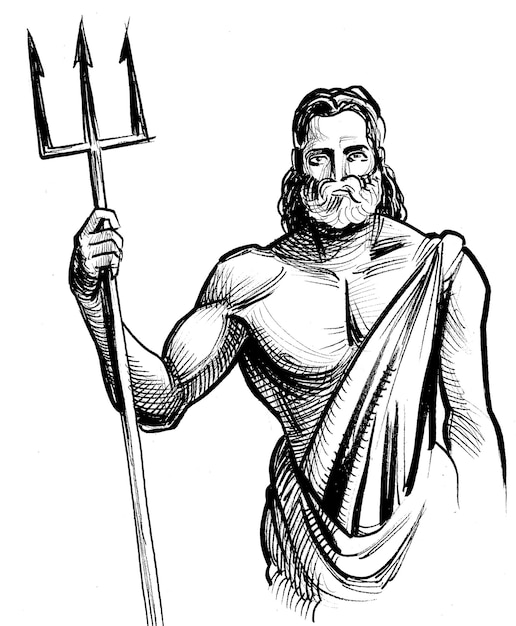 Greek god Poseidon Ink black and white drawing