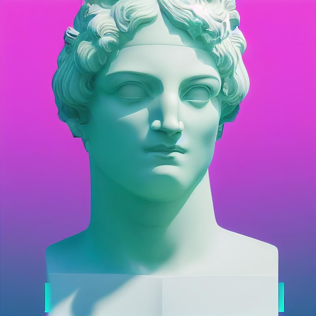 Greek god sculpture in retrowave city pop design vaporwave style colors 3d rendering