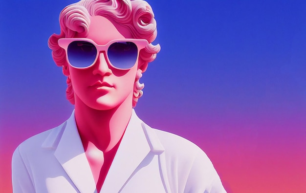 Greek god sculpture wearing sunglasses in retrowave city pop design vaporwave style colors 3d rendering