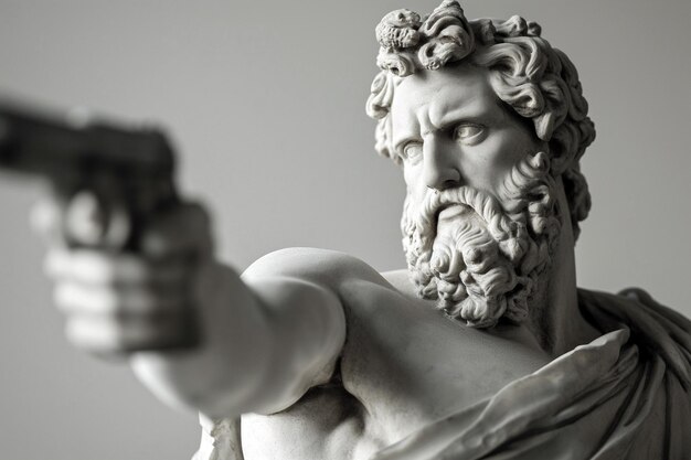 현대 무기를 가진 그리스 신 조각, 총을 들고 있는 대리석 조각, 전쟁의 신, 영원한 전쟁, 군대의 군사 훈련.