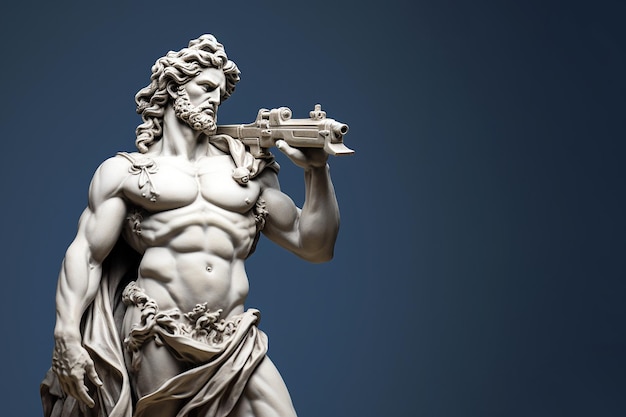 Greek god sculpture with modern weapon Marble stone sculpture holding a gun God of war eternal war Army military training