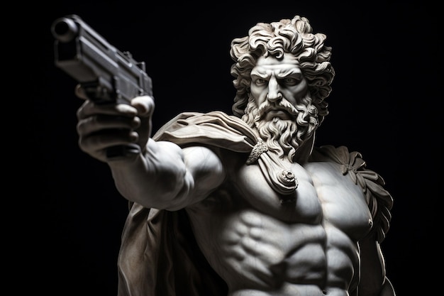 Photo greek god sculpture with modern weapon marble stone sculpture holding a gun god of war eternal war army military training