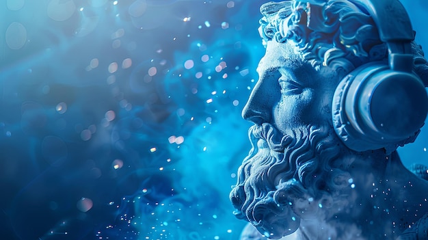 헤드폰을 착용 한 그리스 신 동상 음악을 듣고 불빛으로 파란색 마법 배경