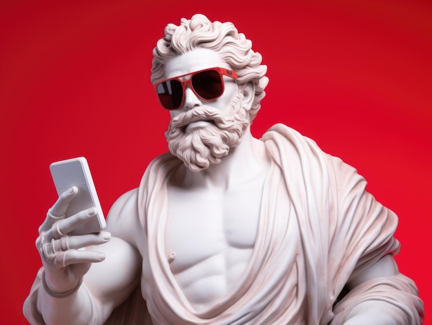 Greek God white bust statue wearing sunglasses holding a smartphone red background