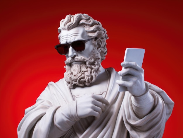 Greek God white bust statue wearing sunglasses holding a smartphone red background
