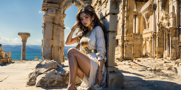 古代都市の遺跡にあるギリシャの女神 美しい若い女性 アフロディテ様式 金のネックレス