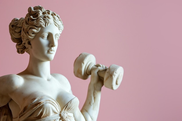 Greek goddess sculpture with dumbbell Exercising statue classic and perfect body shapes Fitness and bodycare health and sport concept Powerlifting muscle building Marble stone sculpture