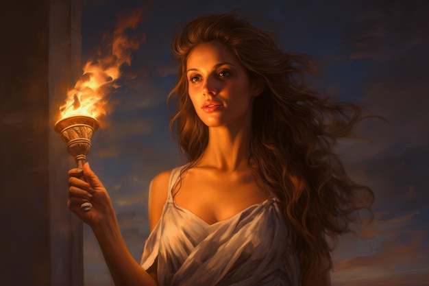 Greek goddess with torch Fire art woman Generate Ai