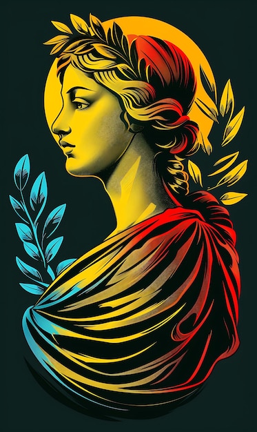 ギリシャの女神 肖像画 チトンとヒメーションを着用したTシャツデザイン アート タトゥーインクフレーム