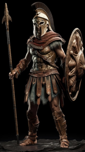 Греческий воин-гоплит с боевыми шрамами и боевой раскраской, стоящий в анимационной графике