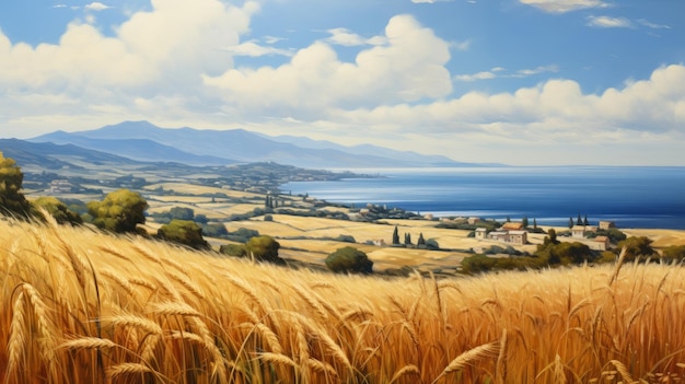 Greek island wheat fields realistic oil painting of coastal village