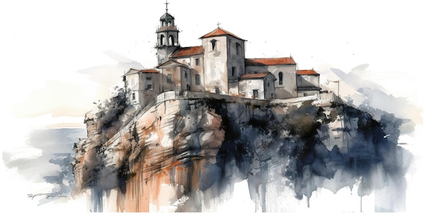 Greek monastery on top of the hill generative ai illustration