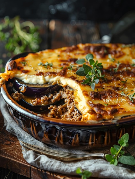 Greek moussaka in a ceramic dish showcasing layers of eggplant minced meat and creamy bechamel sauce A traditional Mediterranean casserole dish rich in flavor and textures