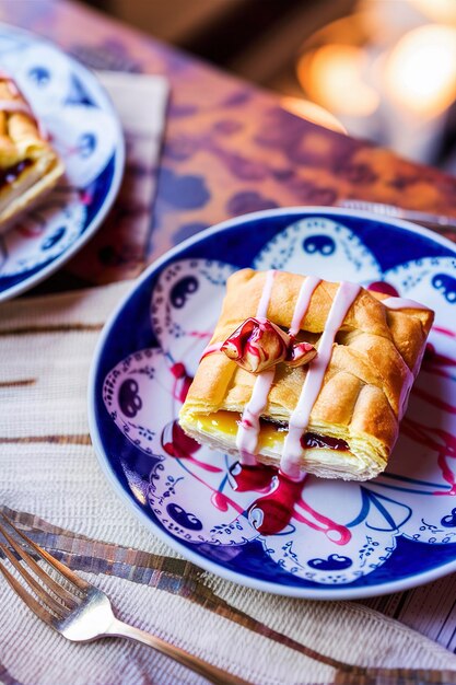 Photo greek phyllo pastry pie with vanilla custard and rose syrup on a blue ceramic plate