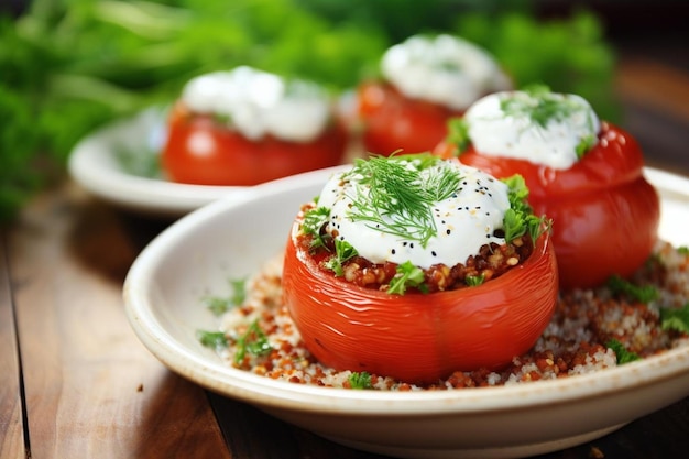 Greek Quinoa Stuffed Tomatoes with Tzatziki Sauce